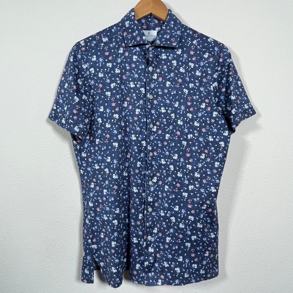 Emanuel Berg Floral Shirt Mens L Blue Short Sleeve Resort Coastal Modern Fit